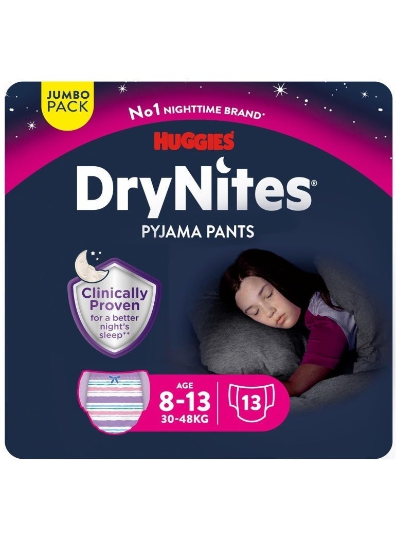 HUGGIES DryNites Pyjama Pants, 8-13 years, Bed Wetting Diaper, Girl, 30-48 kg, Jumbo Pack, 13 Pants - Image 1